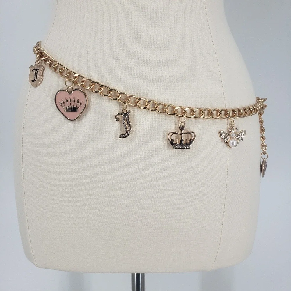 Juicy Couture Charm Chain Belt Women 2X Gold Pink Heart Crown Bee Y2K Rhinestone
